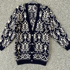 Talbots Sweater Womens Small Navy Paisley Wool 80s Cardigan Oversized Boho Gran